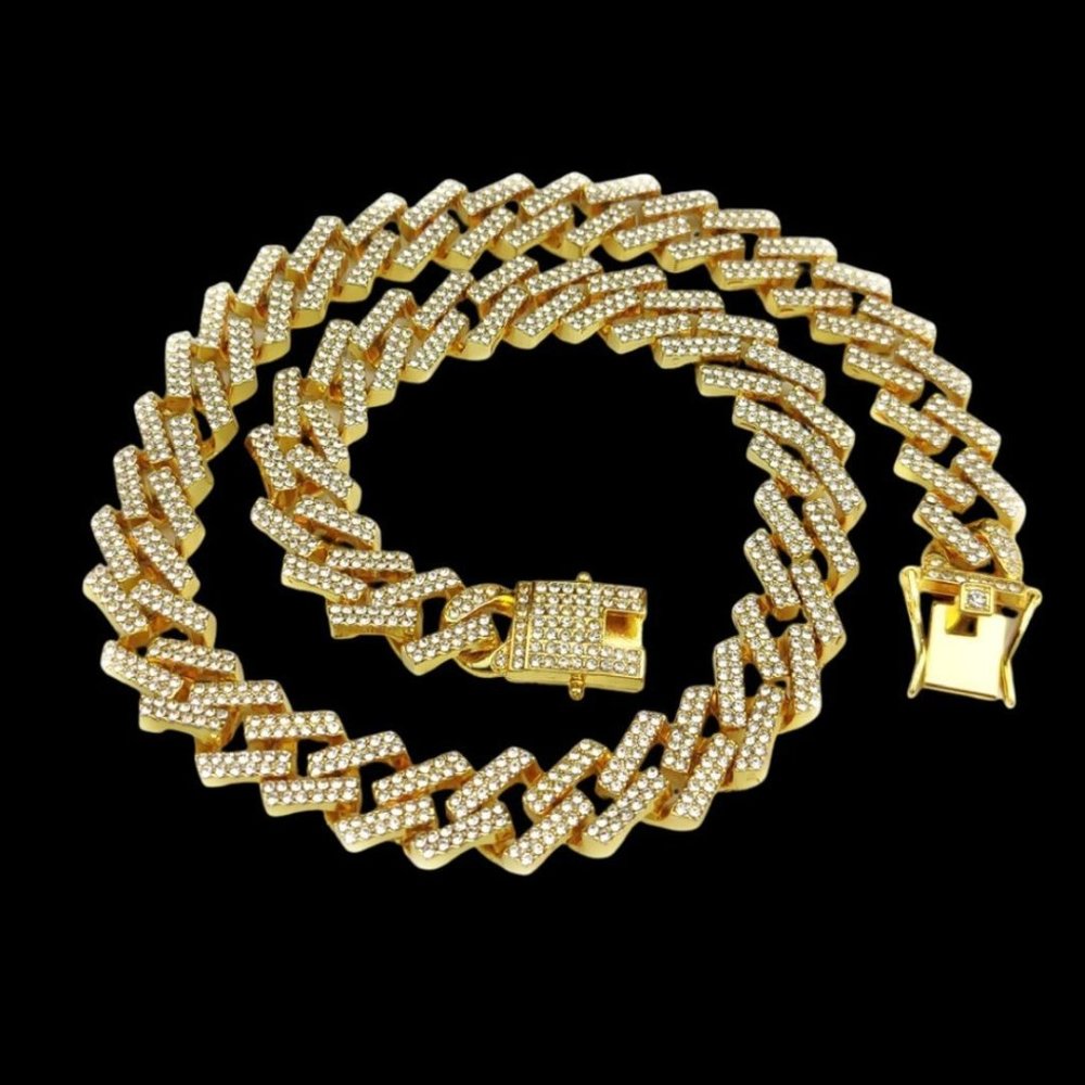 18K Real Gold Covered Iced Out Cuban Link Necklace Bracelet SET